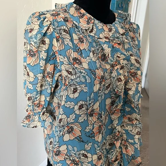 Cabi Cherish Printed Blouse - Blue and Cream - Picture 4 of 10